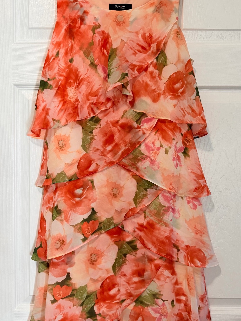 Style & Co. Coral and Peach Floral Tiered Ruffle Dress